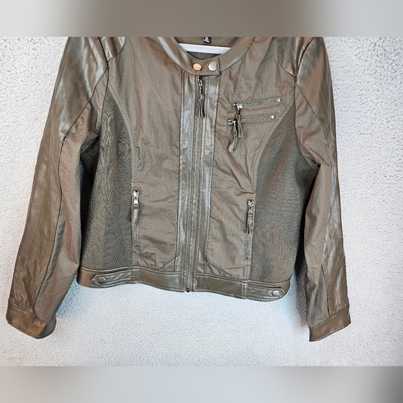 Ookie & Lala Womens Mixed Media Cotton & Brown Faux Leather Moto Jacket Sz XL - Picture 4 of 16